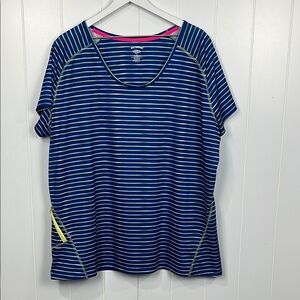 Reel Legends Womens Rash Guard 2X Blue Lime Stripes Stretch Zip Pocket 100% Poly